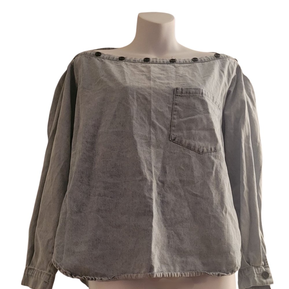 Blue Denim Long Sleeve Off the Shoulder Shirt